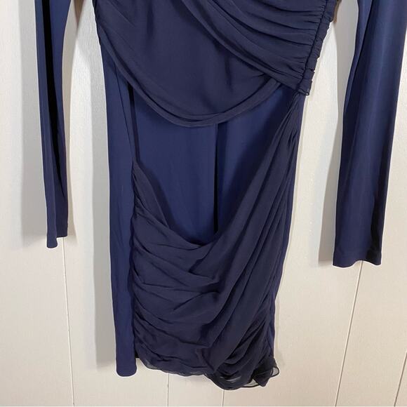Alice + Olivia Navy Blue Long Sleeve Draped Overlay Goddess Silk Dress Size 10 - Picture 4 of 9